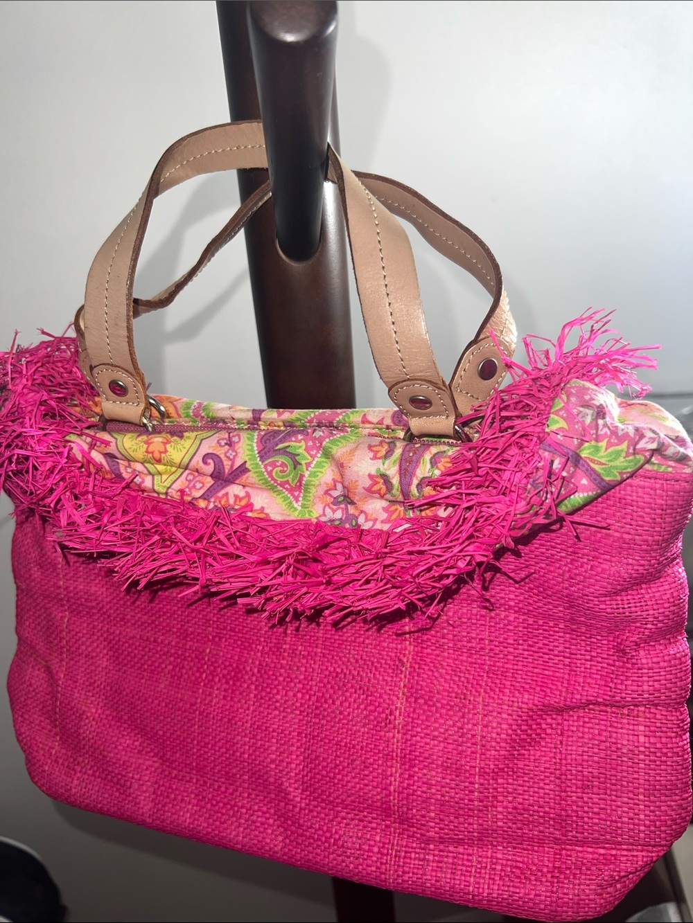 Y2K Bright Pink Straw Tote with Paisley Trim